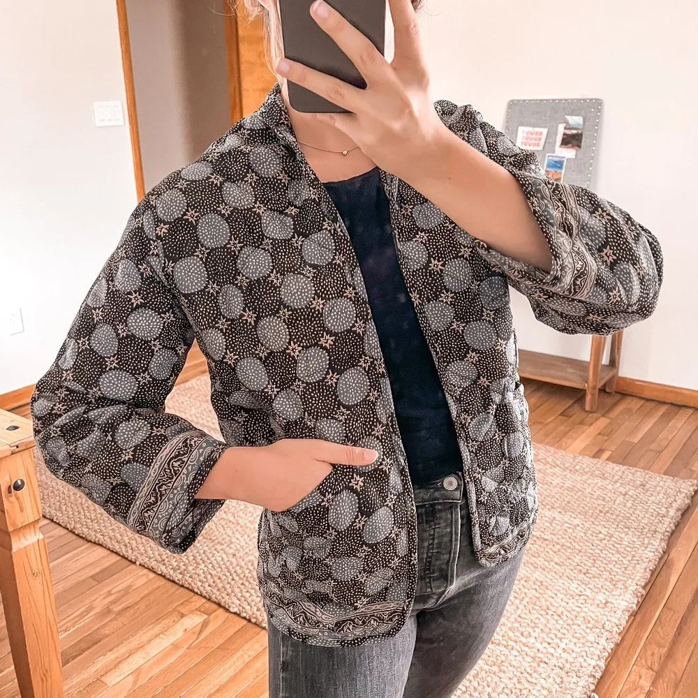 RARE Natalie Martin Bohemian Star Dot Navy Designer Open Quilted Jacket Medium
